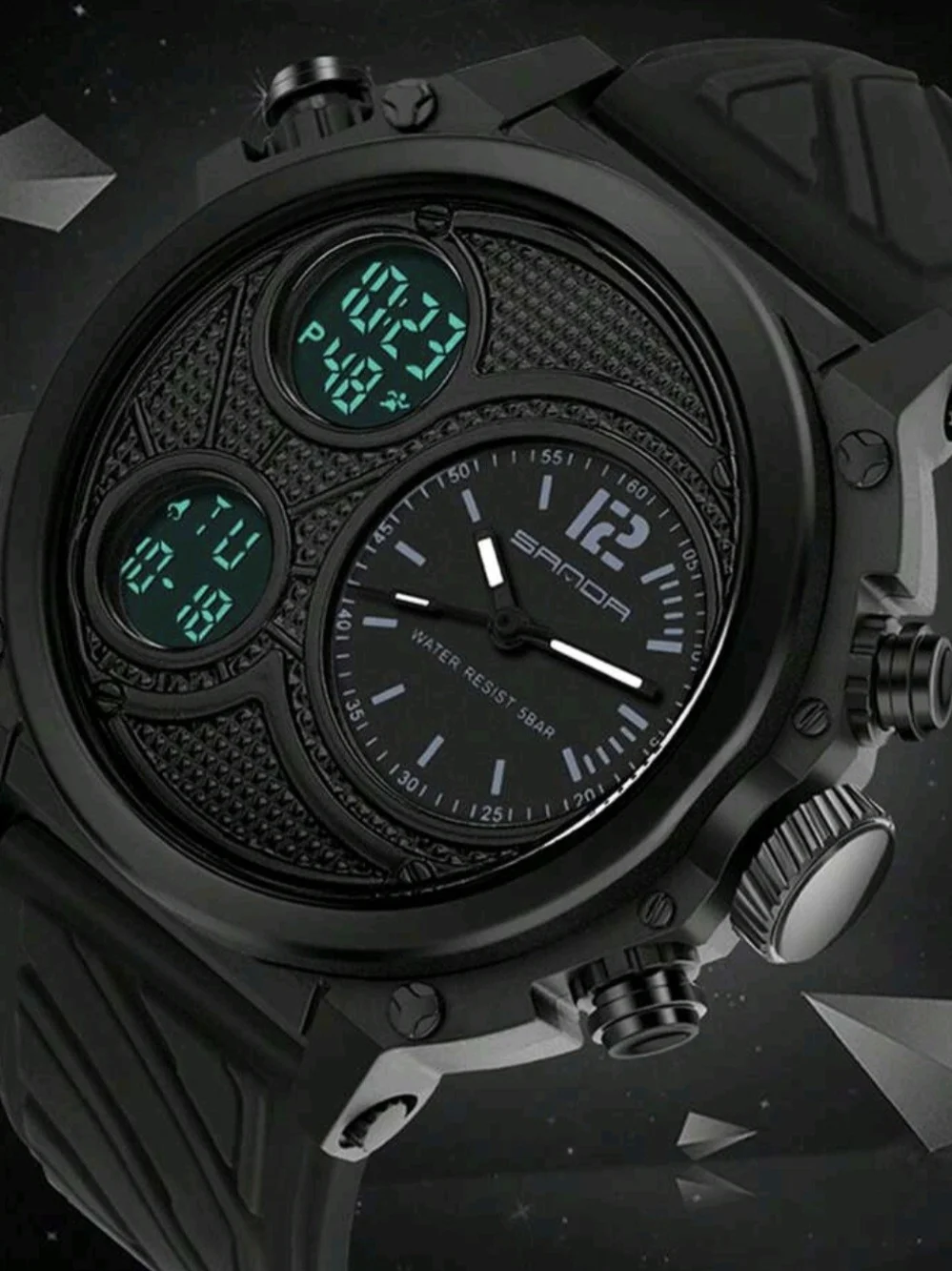Men's Digital Analog Watch with Dual Time Zones, Stopwatch, Alarm, Countdown